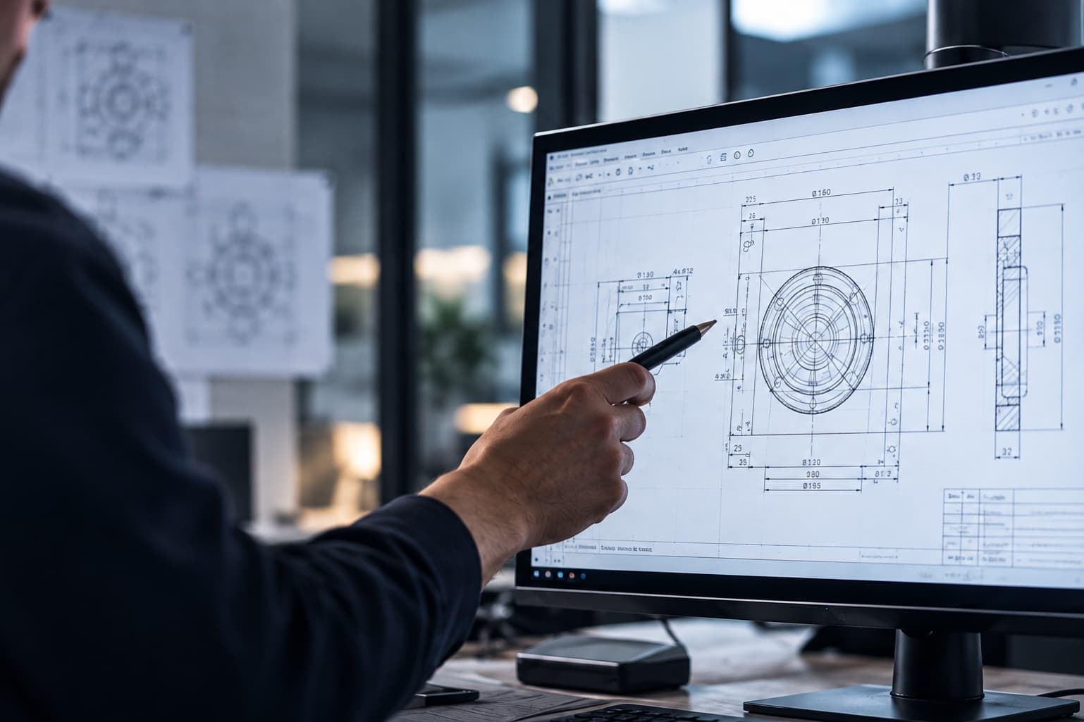 Engineer pointing a pen at a dimensioned CAD drawing on a desktop monitor