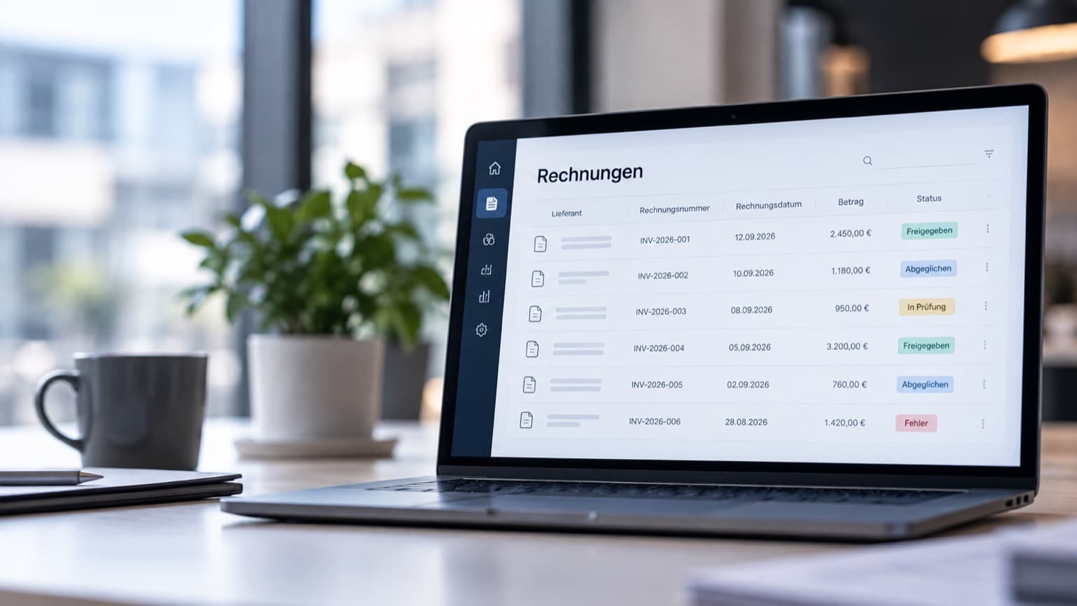 Laptop showing an invoice queue with approved, matched, in-review and error statuses