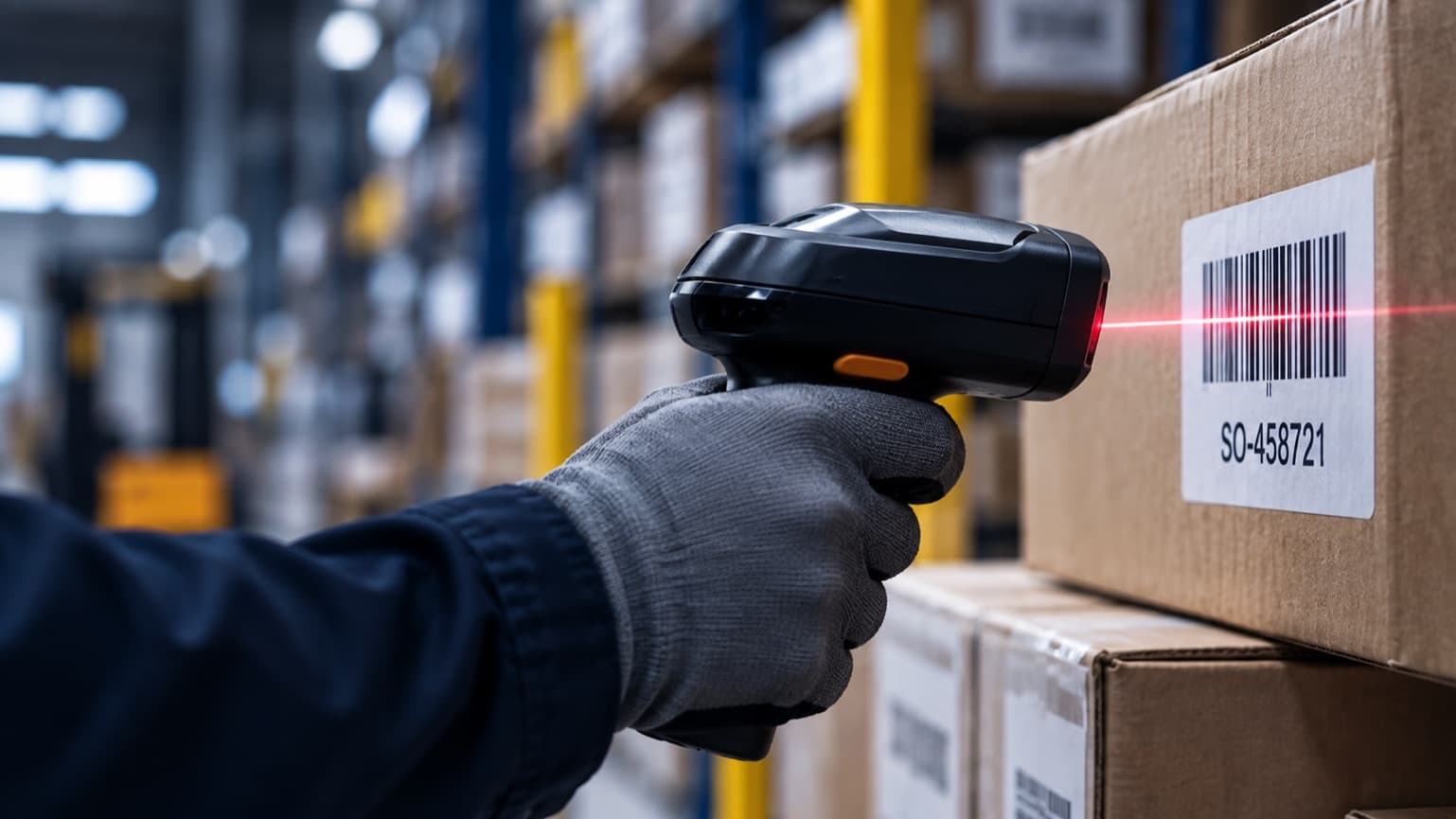 Warehouse operator in gloves scanning a barcoded carton with a handheld reader