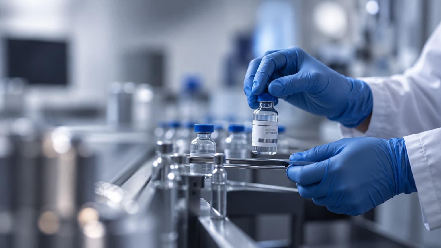 Laboratory technician in gloves lifting a labelled vial from a tray with tweezers