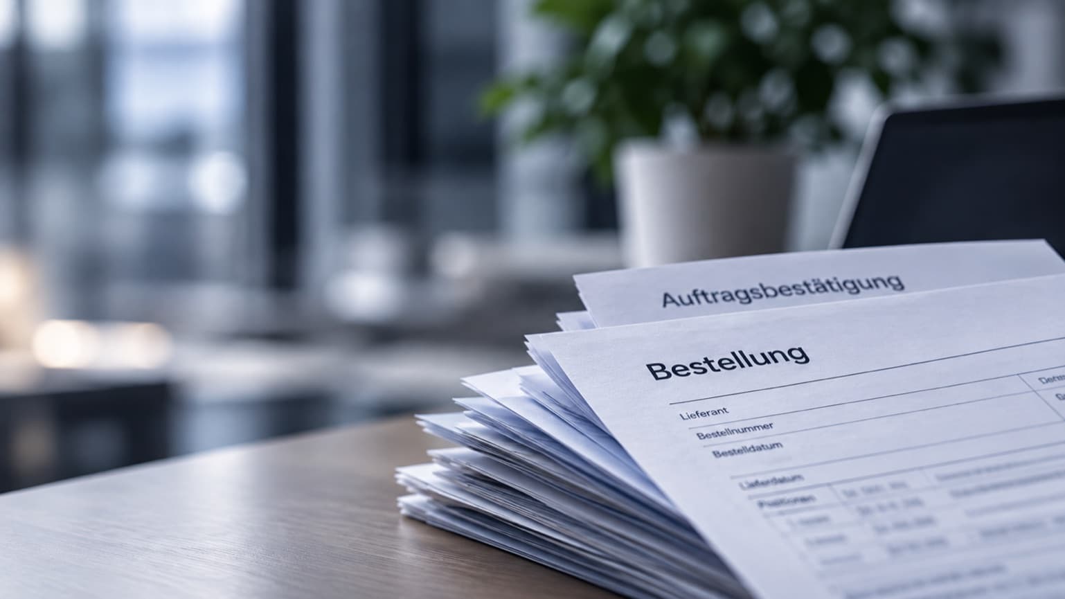 Fanned stack of printed purchase orders and order confirmations on a desk
